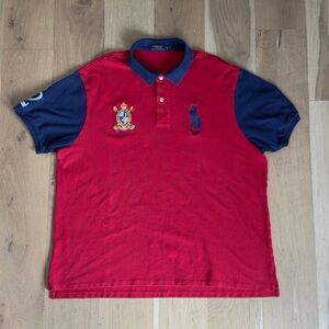 VINTAGE Ralph Lauren Red and Navy Rugby Polo with Big Pony and Crest Size 2XB